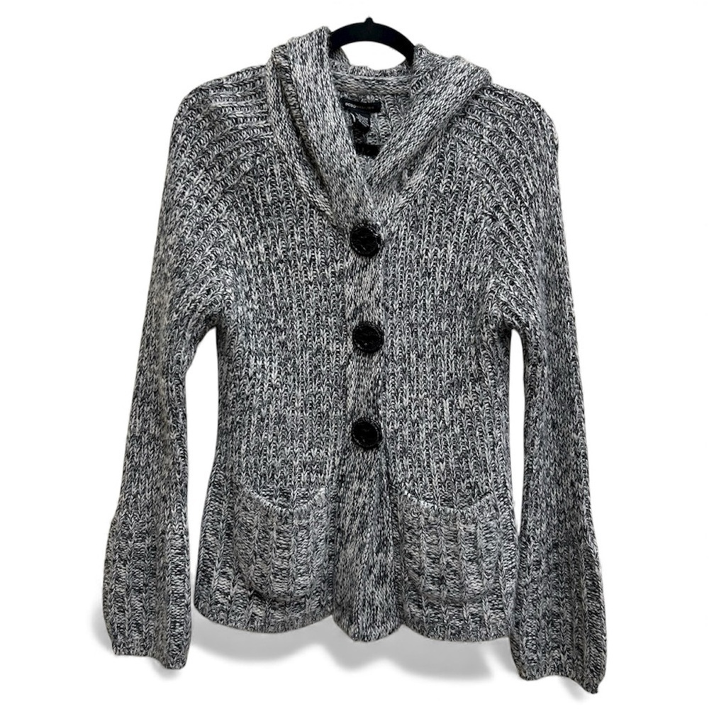 BCBGMaxAzria Black and White Knit Hooded Cardigan Chinky Oversized Snap Buttons